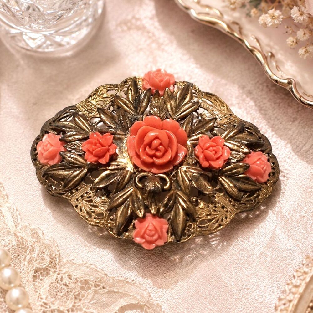 Vintage Gold Tone Ornate Sash Style Brooch with Coral Colored Roses